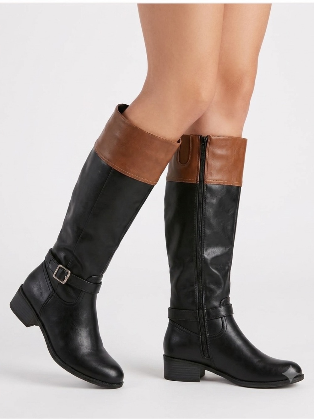 St. John’s Bay Classic Two-Tone Knee-High Riding Boots - Black with Brown Cuff